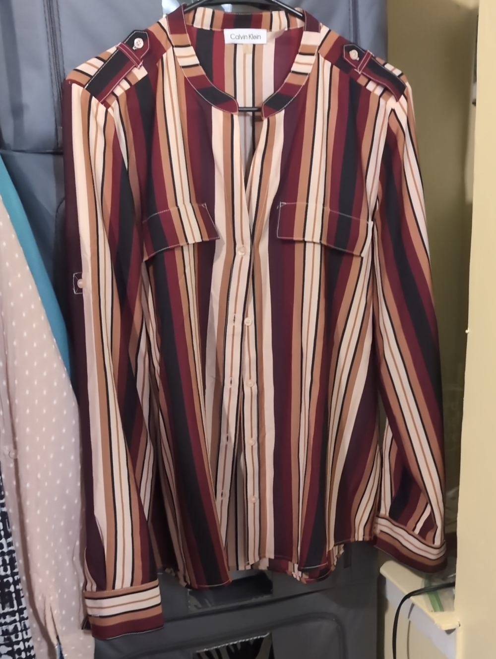 Calvin Klein Women's Striped Button-Up Blouse in Burgundy/Cream